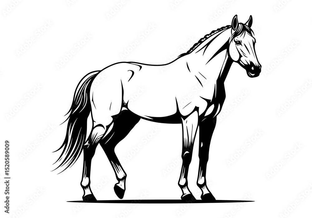 Fototapeta premium Horse drawing of a standing horse in profile view with detailed shading in classic style