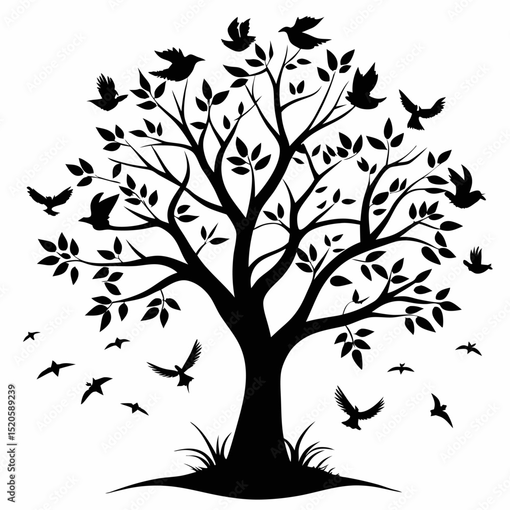 Obraz premium Black tree silhouette with flying birds against a white background a minimalist nature scene evoking freedom and tranquility in vector