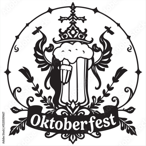 A vector art print, styled as a traditional tattoo design, shows a black and white silhouette representing Oktoberfest. The piece emphasizes symbolic details, ornamental complexity, and a retro