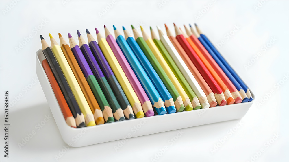 Fototapeta premium Assorted Colored Pencils In White Tray On White Background