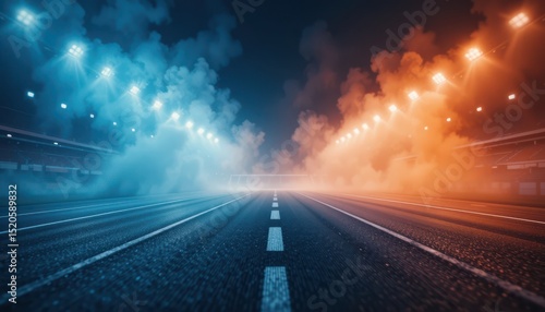 Dramatic Race Track with Colorful Smoke and Bright Stadium Lights