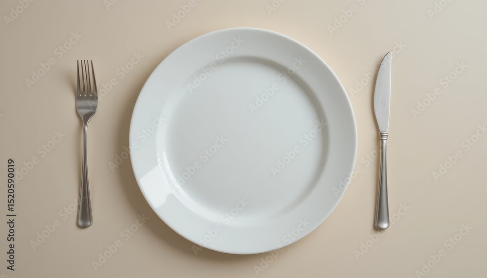 Empty White Plate Surrounded by Fork and Knife on Beige Background Empty White Plate Surrounded by Fork and Knife on Beige Background