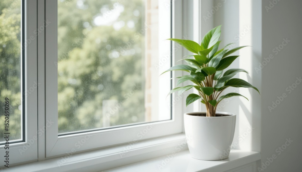 Fototapeta premium Green Indoor Plant in White Pot by Window with Natural Light