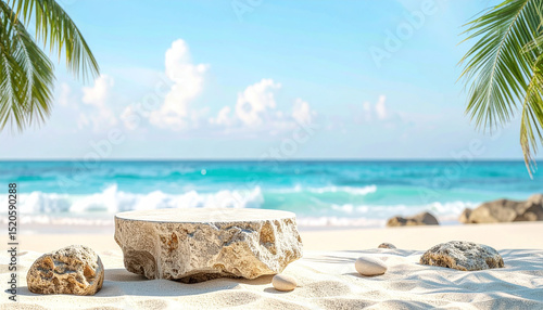 Fototapeta Naklejka Na Ścianę i Meble -  Stone podium for summer cosmetics product presentation on blurred tropical sea sand beach background