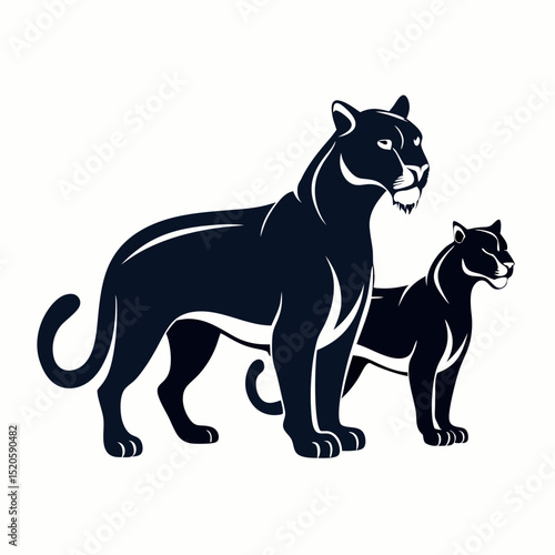 Silhouette of two pumas on a tree branch against a white background creating a wildlife and nature themed design element
