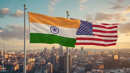 India usa flags city background