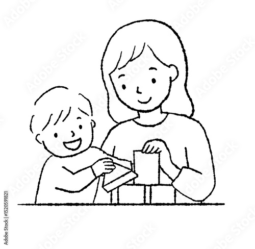 積み木で遊ぶ親子