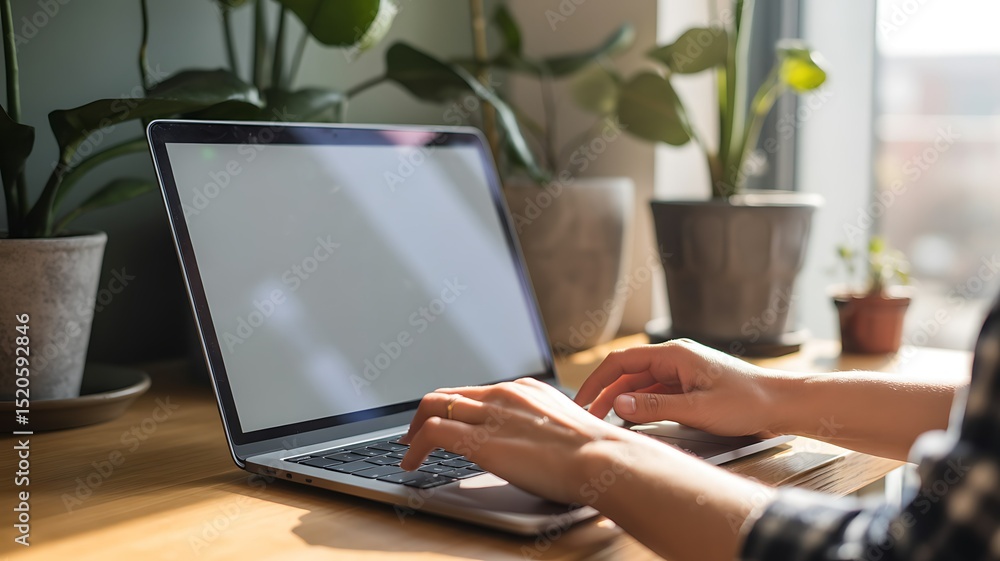Fototapeta premium Sunlight Illuminates a Productive Workspace: Laptop Use in a Home Office Setting