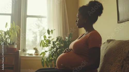 Pregnant Woman with Afro Hairstyle in Brown Dress Sits Near Window With Plants In Bright Room Touching Belly Expecting Motherhood Portrait