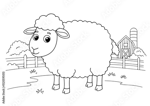sheep cartoon outline for coloring page, vector line art illustration, white background
