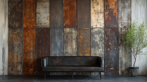 Wallpaper Mural Dark sofa against a textured metal panel wall with a potted plant in a studio setting Torontodigital.ca