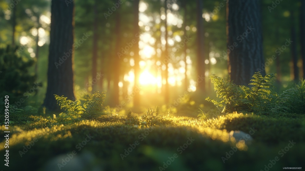 Obraz premium Golden sunlight filters through a lush forest