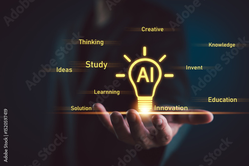 AI in education learning innovation. Glowing AI light bulb floating above a hand with keywords like study, thinking, knowledge, educational technology, online learning, digital teaching tools.