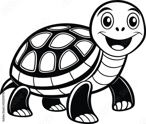 Adorable Cartoon Turtle Black and White Design, Cute Illustration, Shell, Wildlife, Happy