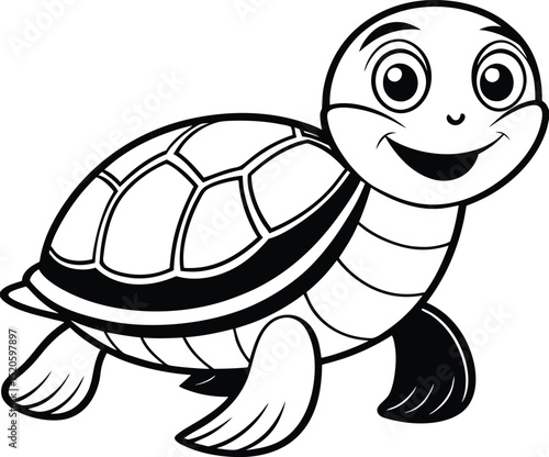 Adorable Cartoon Turtle Black and White Design, Cute Shell, Happy Expression