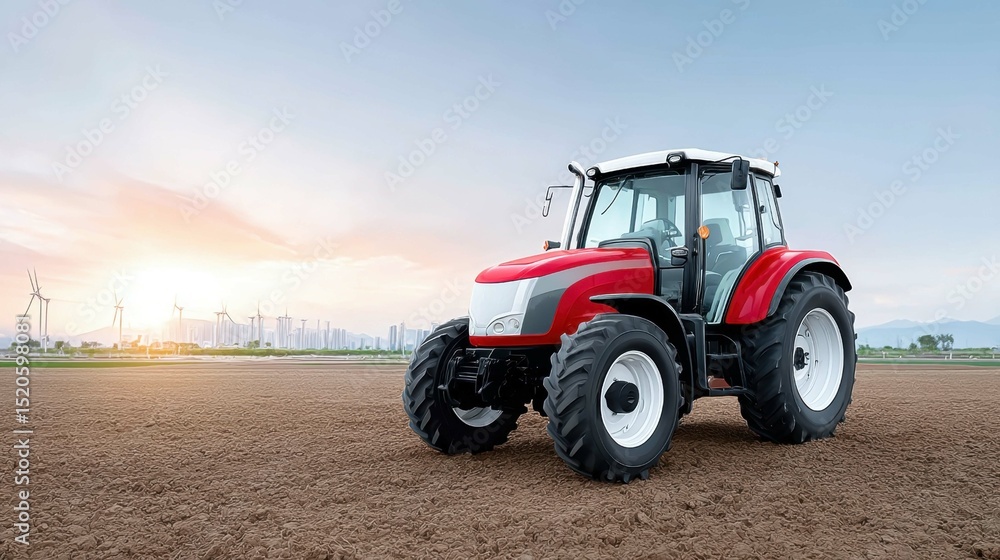 Fototapeta premium Red Tractor Tractor in Open Field at Sunset