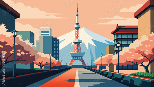 Tokyo japan skyline illustration with tower and mount fuji
