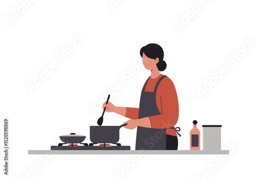 Woman Cooking at Stove: Flat Vector Illustration