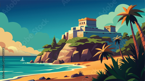 Tropical beach castle illustration vector art design