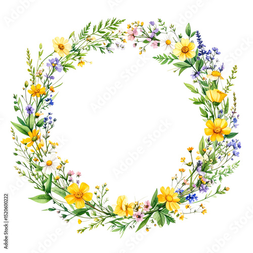 A colorful circular wreath made of assorted yellow, white, pink, and purple flowers with green leaves
