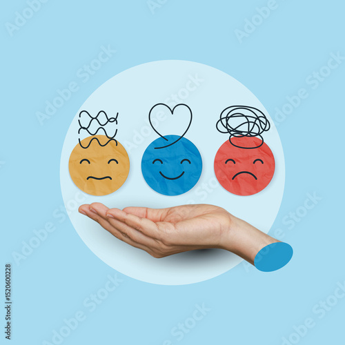 Medical concepts. hand holding paper cut circle symbol face smile, happy, relax, satisfaction survey, positive, good, wellness, health child, hospital, world mental health day concept.