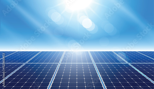 Solar panels under bright sunlight, renewable energy source, eco-friendly technology for sustainable power generation, clean energy concept with blue sky and sunlight reflection. vector design.