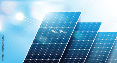 Solar panels under bright sunlight, renewable energy source, eco-friendly technology for sustainable power generation, clean energy concept with blue sky and sunlight reflection. vector design.