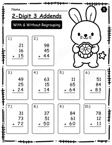 Math exercises for kids. Adding two-digit and three-digit numbers. Black and white math with cute cartoon pictures. Calculate and write the results.