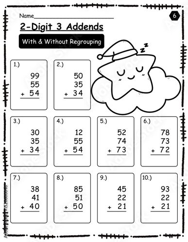 Math exercises for kids. Adding two-digit and three-digit numbers. Black and white math with cute cartoon pictures. Calculate and write the results.