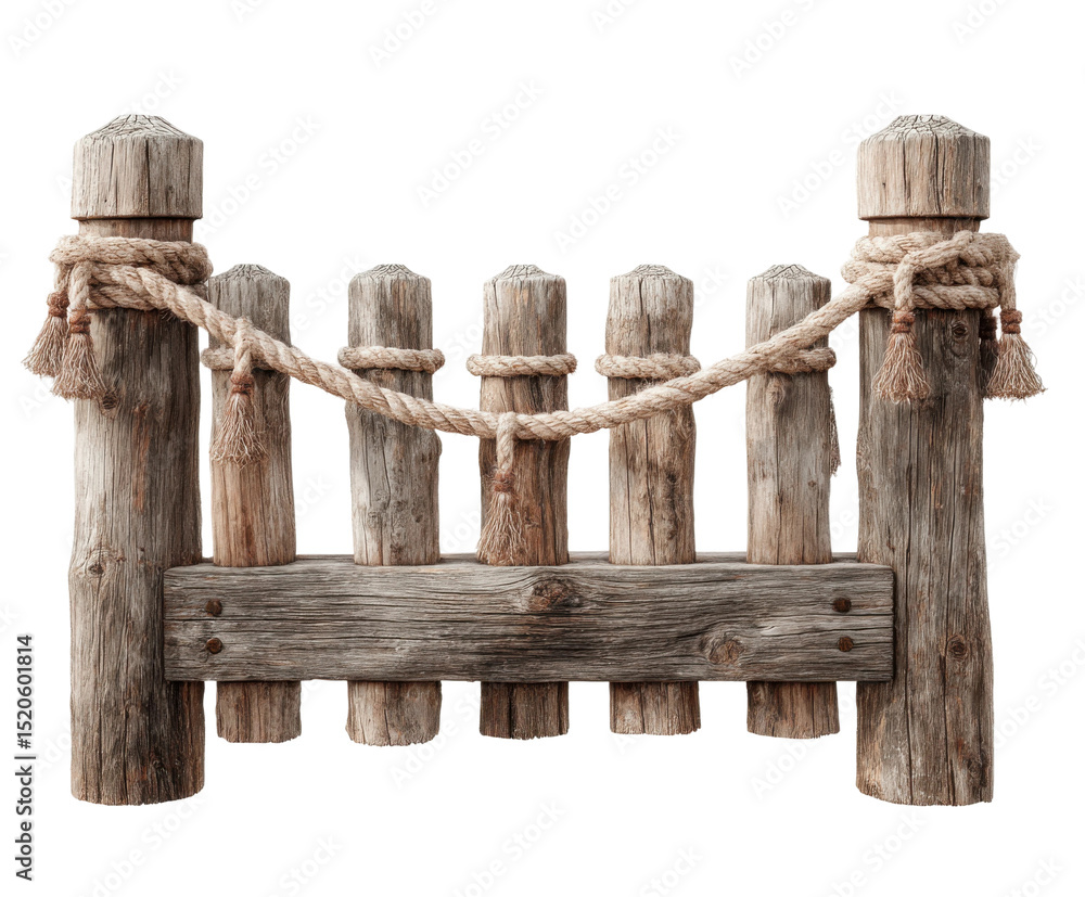Obraz premium Building a rustic wooden fence with rope natural light view isolated on transparent background