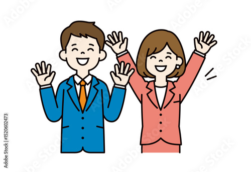 笑顔で大喜びする、ビジネスマンのベクターイラスト素材＿男女セット＿カラー