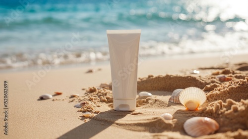 Summer cream for face on beach background . Beauty protection. Cosmetic skincare	