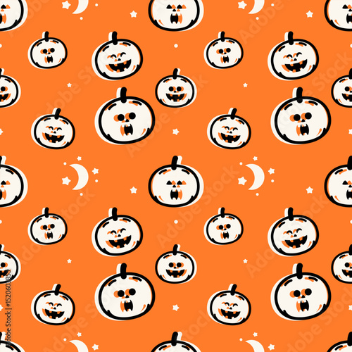 Seamless pattern Halloween Jack-o'-Lantern cartoon character Illustration on Orange  background