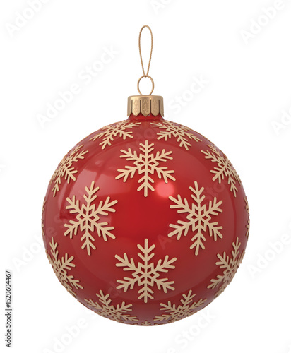 Red christmas ornament with gold snowflakes isolated on transparent background