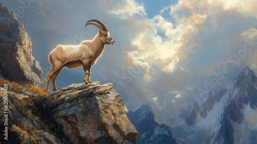 A gentle ibex, oil painting style, standing on a mountain ledge