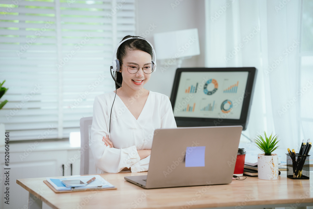 Smiling Asian female call center agent wearing a headset, speaking with a client at her office desk, providing professional customer support. Smiling Asian female call center agent wearing a headset, speaking with a client at her office desk, providing professional customer support.