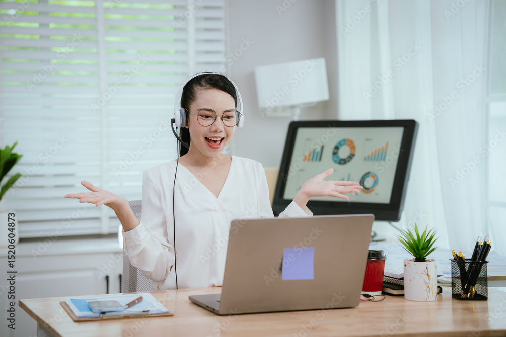 Smiling Asian female call center agent wearing a headset, speaking with a client at her office desk, providing professional customer support. Smiling Asian female call center agent wearing a headset, speaking with a client at her office desk, providing professional customer support.