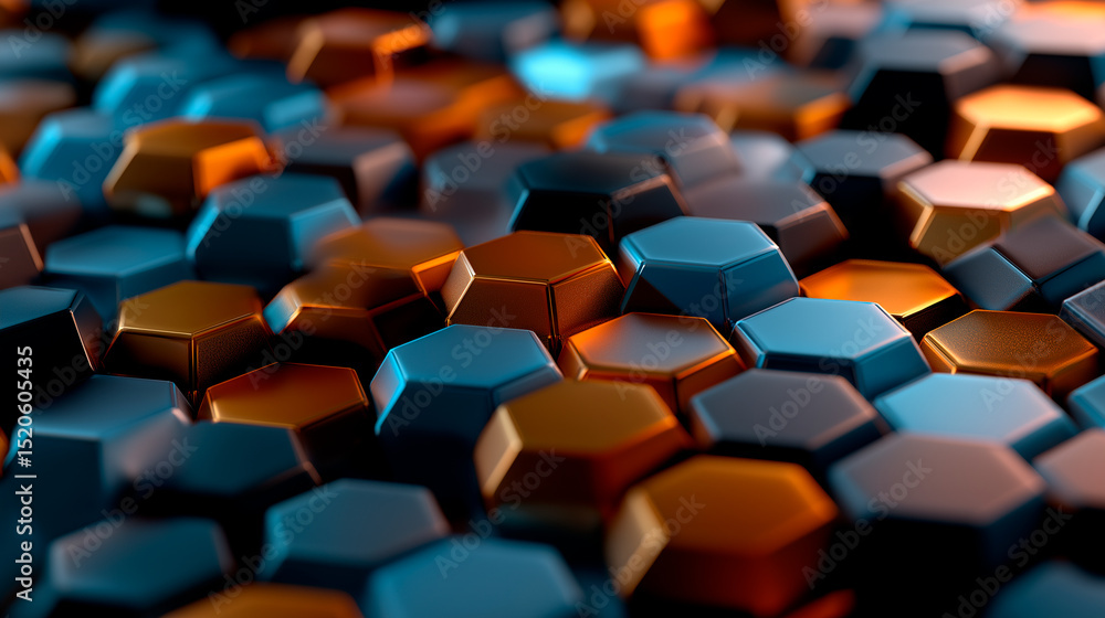 3D hexagonal pattern in black, blue, and orange with gradient lighting, shallow depth. 3D hexagonal pattern in black, blue, and orange with gradient lighting, shallow depth.