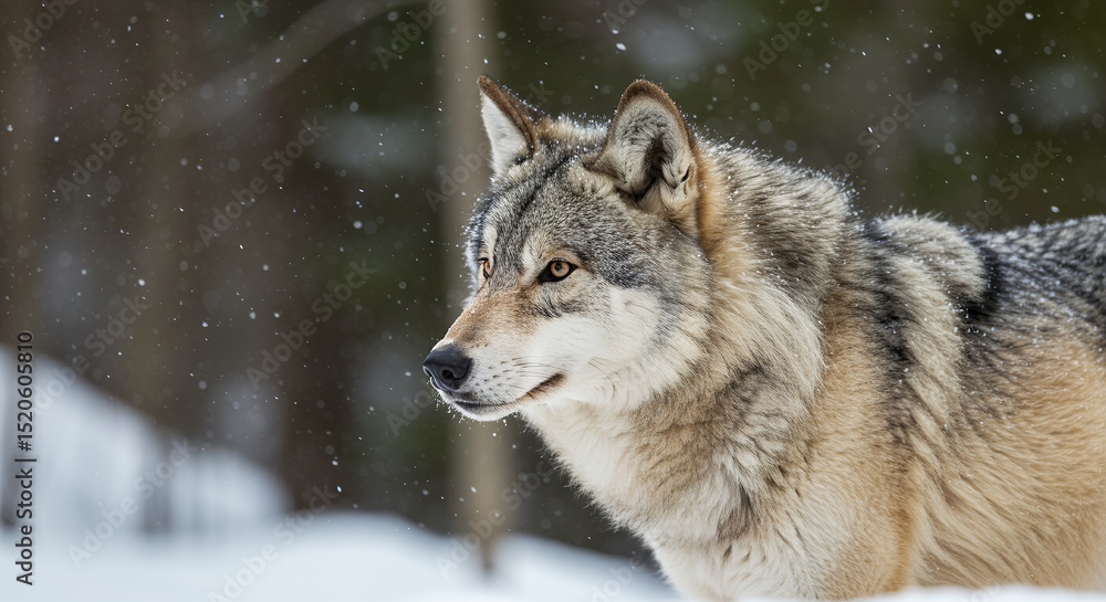 Fototapeta premium Wild Grey Wolf in Snowy Forest, Wildlife Photography at Eye Level
