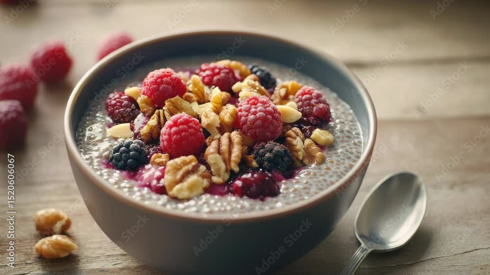Chia Seed Pudding with Raspberries Blackberries and Walnuts on Wooden Surface with Gray Bowl and Spoon Chia Seed Pudding with Raspberries Blackberries and Walnuts on Wooden Surface with Gray Bowl and Spoon