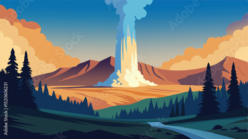 Geyser eruption landscape nature vector illustration art
