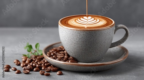Latte art poured into a grey mug