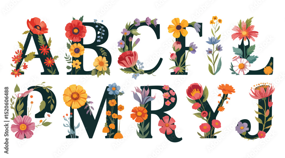 Floral Alphabet Letters A B C F L P M R Y J Design Elements vector illestrattion Floral Alphabet Letters A B C F L P M R Y J Design Elements vector illestrattion