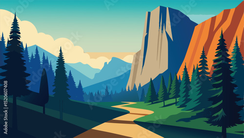 Landscape vector illustration of mountain and forest view