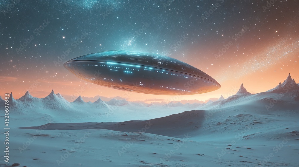 Futuristic Detailed Metallic Ufo Over Snowy Mountain Landscape Fantasy Illustration Futuristic Detailed Metallic Ufo Over Snowy Mountain Landscape Fantasy Illustration