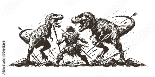 Epic caveman fight scene against dinosaurs, drawn in bold black ink.