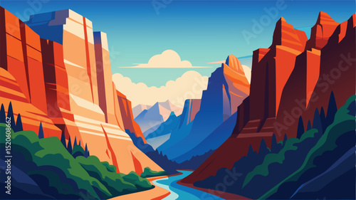 Landscape canyon river mountains illustration vector art