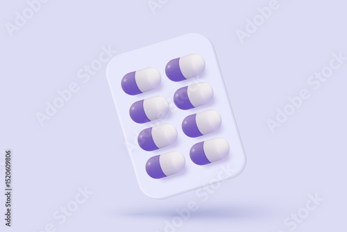 3d pharmacy drug for health pharmaceutical on purple background. Cartoon minimal of first aid and health care. Medical symbol of emergency help. 3d aid medicine icon vector render illustration