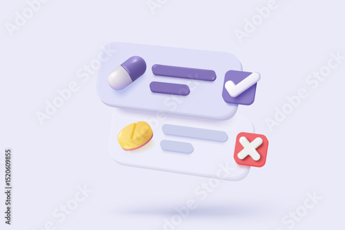 3d first aid medicine with check list for health pharmaceutical. Cartoon minimal of first aid and health care. Medical symbol of emergency help. 3d pharmacy drug icon vector render illustration