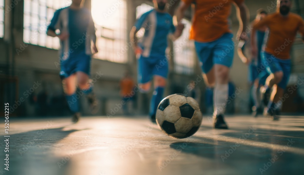 Fototapeta premium Soccer ball during indoor game with players running